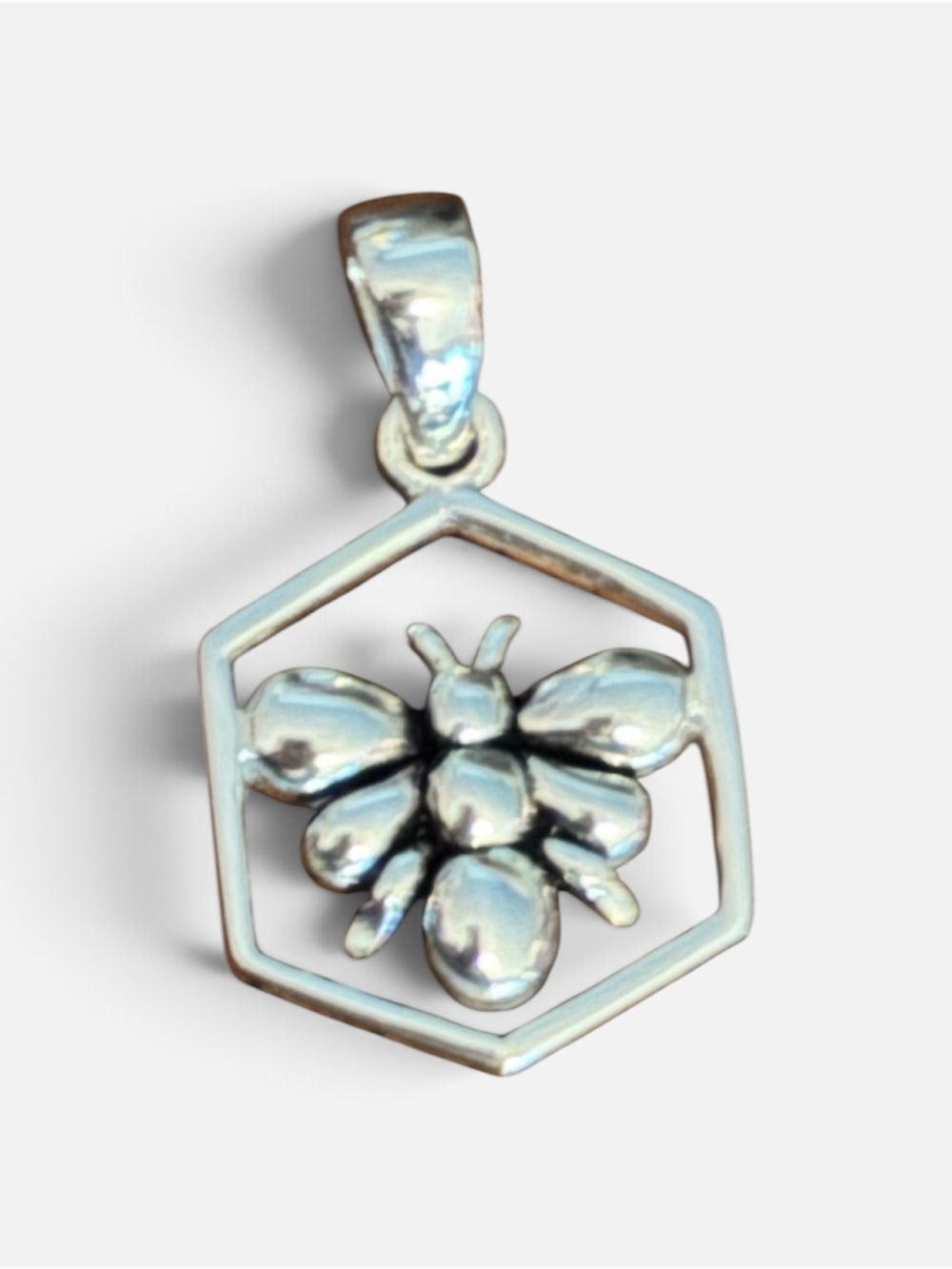 925 Sterling Silver Hexagon HoneyBee Necklace Pendant Honeycomb Bumblebee Charm